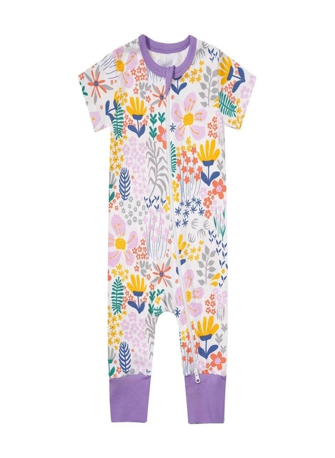 Teach Leanbh Toddler Baby Boys Girls One Piece Pajamas Cotton 2 Way Zipper Printing Short Sleeve Footless Romper Sleep and Play 3 Months-4 Years (Flower, 12-18 Months) - Image 1