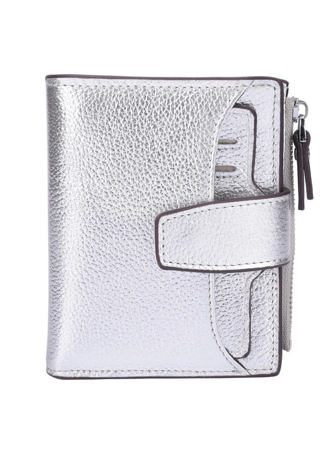 AINIMOER Women's RFID Blocking Leather Small Compact Bi-fold Zipper Pocket Wallet Card Case Purse with id Window (Lichee Silver), Lichee Silver, One size - Image 1