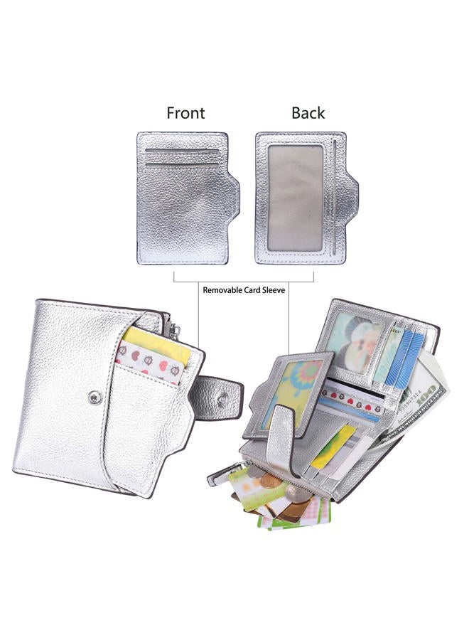 AINIMOER Women's RFID Blocking Leather Small Compact Bi-fold Zipper Pocket Wallet Card Case Purse with id Window (Lichee Silver), Lichee Silver, One size - Image 3