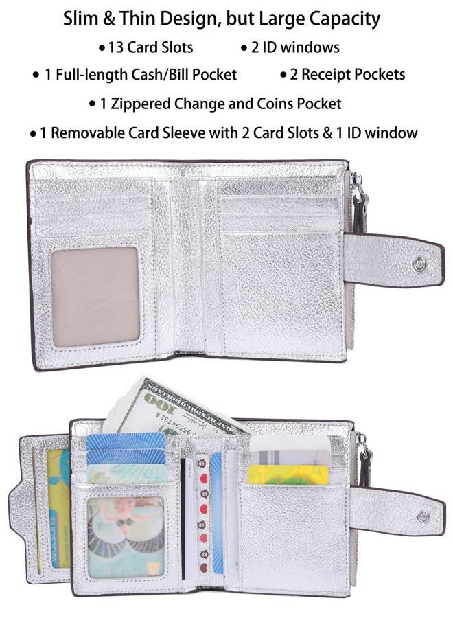 AINIMOER Women's RFID Blocking Leather Small Compact Bi-fold Zipper Pocket Wallet Card Case Purse with id Window (Lichee Silver), Lichee Silver, One size - Image 2