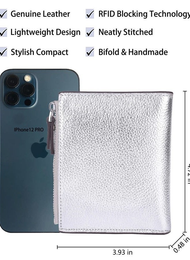 AINIMOER Women's RFID Blocking Leather Small Compact Bi-fold Zipper Pocket Wallet Card Case Purse with id Window (Lichee Silver), Lichee Silver, One size - Image 4