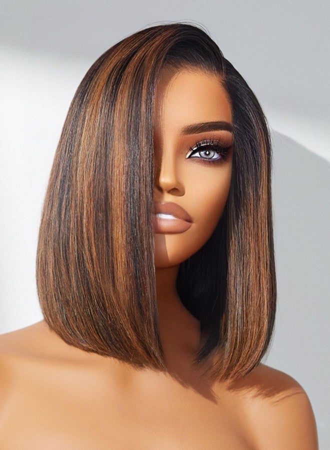 LUVME HAIR Bob Wig 100% Human Hair Wigs Glueless Lace Front 200% Density 10 Inches Brown Highlights Bob, Pre Cut Plucked Hd Lace Short Wig Ready To Go Natural Color Straight Bleached Knots Side Part - Image 1