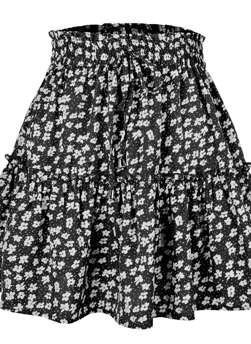 Loquat New Women's High-waisted Floral Half Skirt Peplum Printed A-Line Short Skirt 
