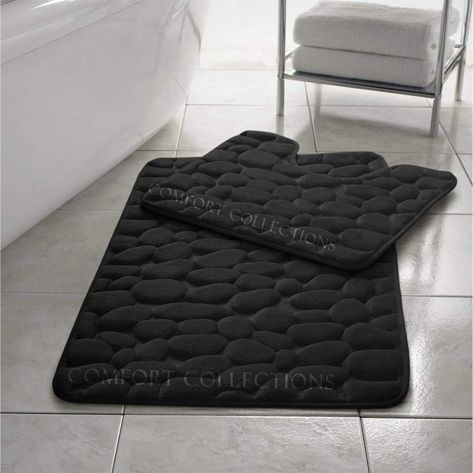 MEMORY FOAM PEBBLE BATH MAT SET PEDESTAL BATHROOM RUG 2 PIECE SOFT ABSORBENT NON SLIP BLACK BATH MAT 50CM X 80 CM PEDESTAL MAT 50CM X 40 CM APPROXIMATE
