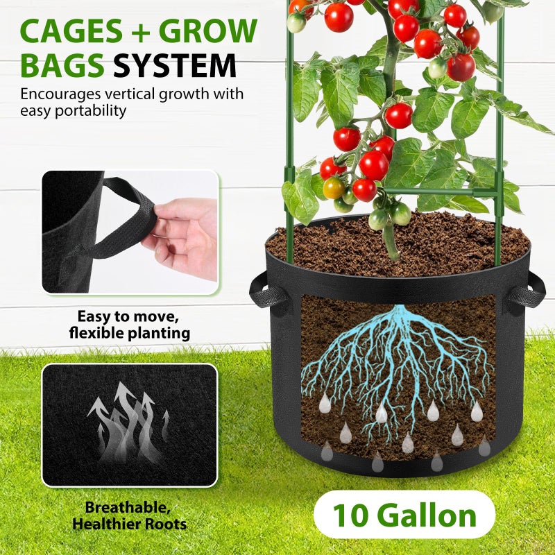 Suntee 3 Pack Tomato Cage with 10 Gallon Grow Bags, 48 Inch Tomato Cages for Garden Patio Balcony, Adjustable Height Tomatoes Plant Support for Climbing Vegetables Plants Flowers - Image 4