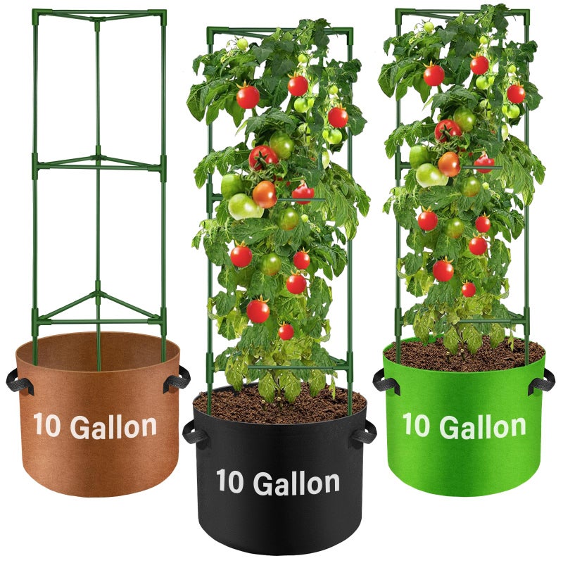 Suntee 3 Pack Tomato Cage with 10 Gallon Grow Bags, 48 Inch Tomato Cages for Garden Patio Balcony, Adjustable Height Tomatoes Plant Support for Climbing Vegetables Plants Flowers - Image 1