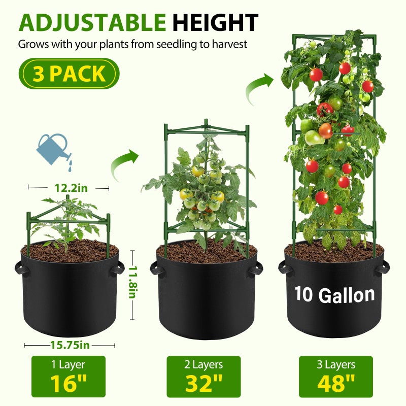 Suntee 3 Pack Tomato Cage with 10 Gallon Grow Bags, 48 Inch Tomato Cages for Garden Patio Balcony, Adjustable Height Tomatoes Plant Support for Climbing Vegetables Plants Flowers - Image 2