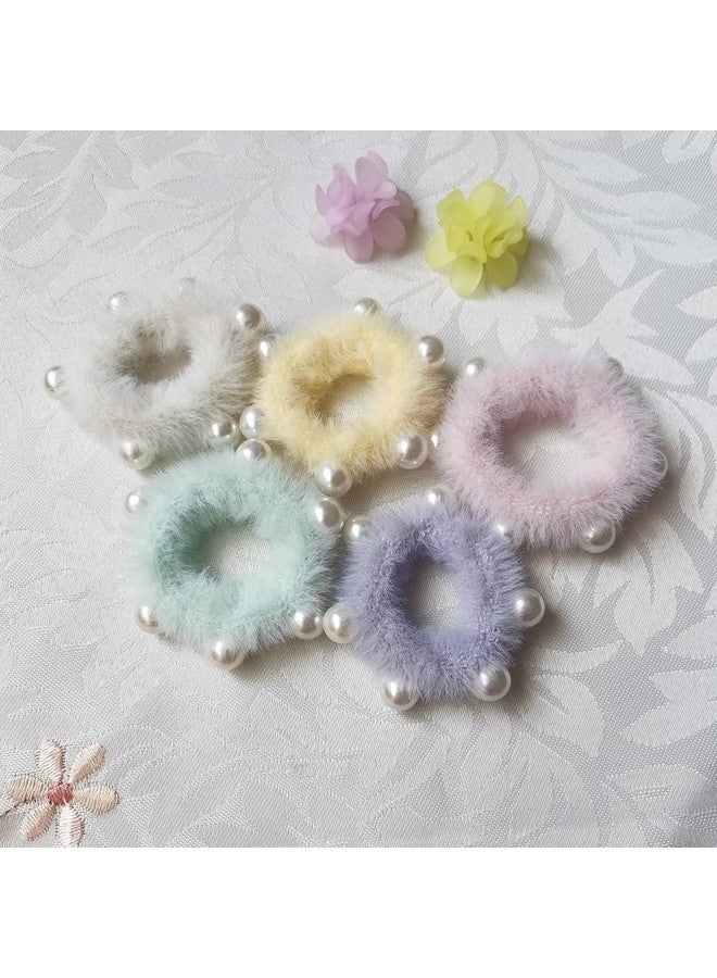 DORMITORRY 2 Pcs Fluffy Pearl Hair Rubber Band for Women, Soft Fuzzy Hair Accessories with Pearls, Korean Style Large Grip Clamps for Thick, Elegant Pastel Color Barrettes - Multicolor. - Image 3
