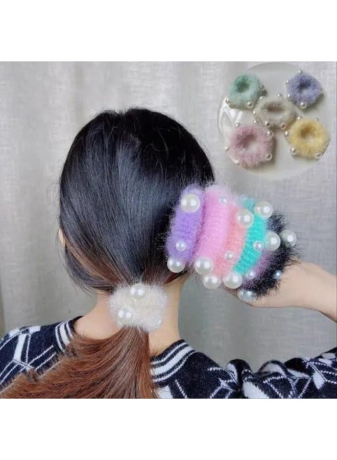 DORMITORRY 2 Pcs Fluffy Pearl Hair Rubber Band for Women, Soft Fuzzy Hair Accessories with Pearls, Korean Style Large Grip Clamps for Thick, Elegant Pastel Color Barrettes - Multicolor. - Image 2