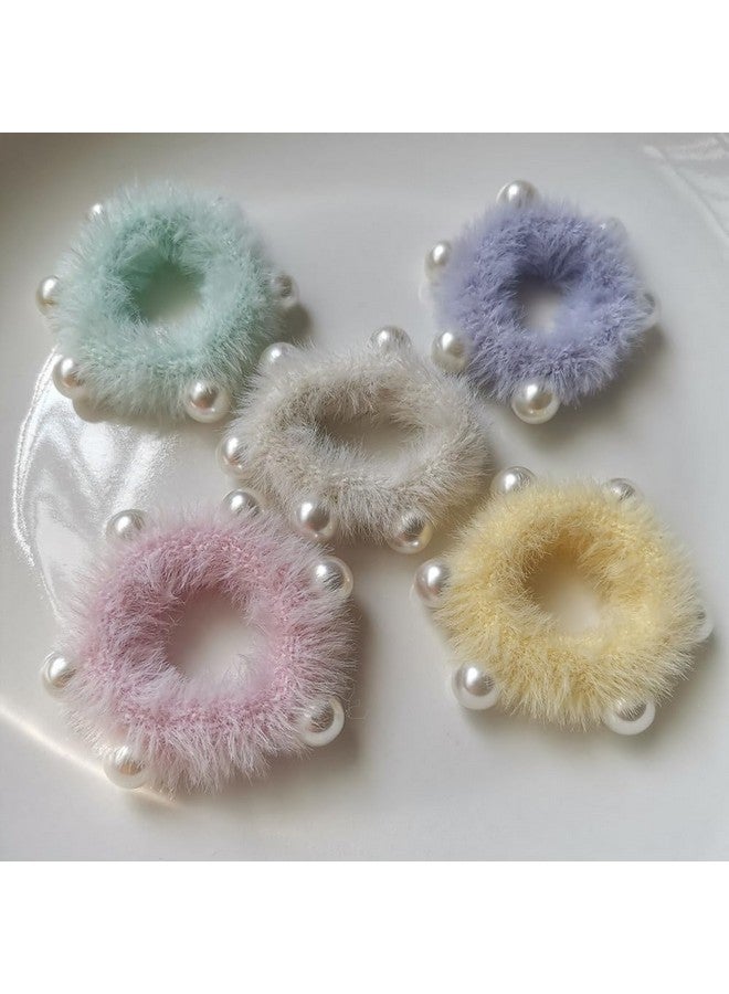 DORMITORRY 2 Pcs Fluffy Pearl Hair Rubber Band for Women, Soft Fuzzy Hair Accessories with Pearls, Korean Style Large Grip Clamps for Thick, Elegant Pastel Color Barrettes - Multicolor. - Image 1