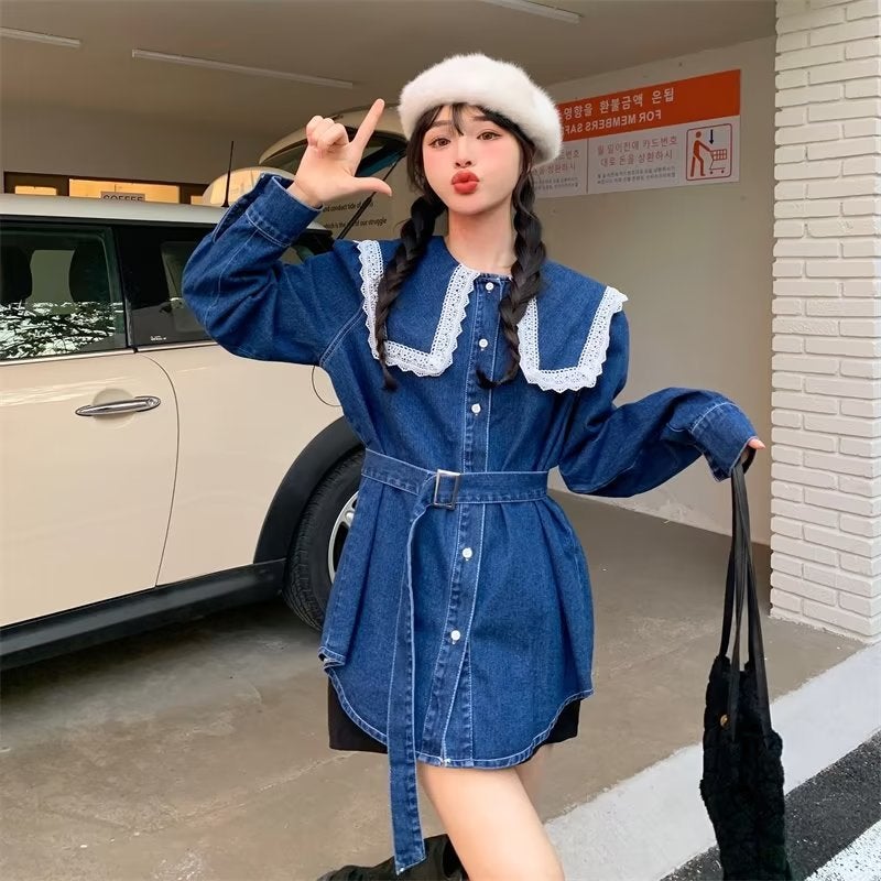 Denim dress Womens 2024 New Hong Kong-style Tight Waist Age-reducing Lace Doll Collar Long-sleeved Shirt Dress Dark blue - Image 1