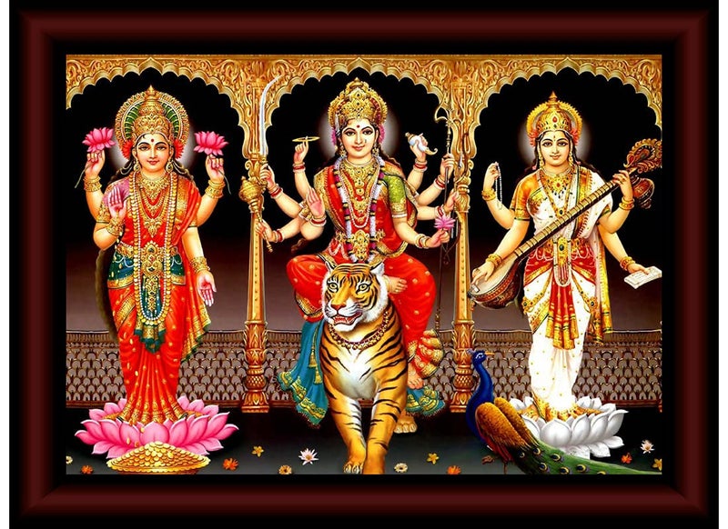 1ArtofCreation Tridevi Sherawali Ma Laxmi Ma Saraswati UV Textured Home Decorative Gift Item Painting With Frame 10 Inch X 13 Inch SANFK31744