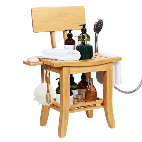 Ollieroo Two-Tier Bamboo Shower Chair for Inside Shower, Waterproof Baby Bath Seat with Storage Shelf, Soap Dish and Shower Head Holder, Shower Stool for Seniors Adults Disabled Pregnant(Natual) - Image 1
