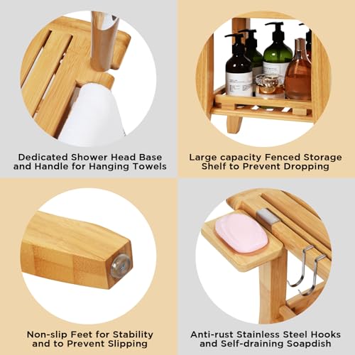 Ollieroo Two-Tier Bamboo Shower Chair for Inside Shower, Waterproof Baby Bath Seat with Storage Shelf, Soap Dish and Shower Head Holder, Shower Stool for Seniors Adults Disabled Pregnant(Natual) - Image 2