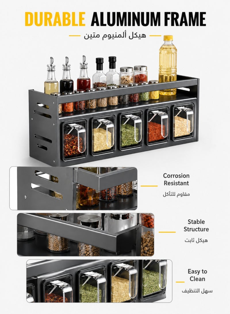 Joybos 2-Tier Aluminum Alloy Spice Rack with 5 Pull-Out Spice Boxes, Wall Mounted or Countertop Kitchen Organizer, No-Drill Seasoning Storage Shelf for Bottles, Jars, Herbs and Condiments, Dark Grey - Image 5