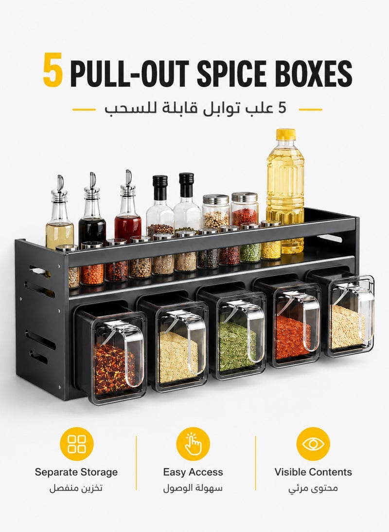 Joybos 2-Tier Aluminum Alloy Spice Rack with 5 Pull-Out Spice Boxes, Wall Mounted or Countertop Kitchen Organizer, No-Drill Seasoning Storage Shelf for Bottles, Jars, Herbs and Condiments, Dark Grey - Image 3