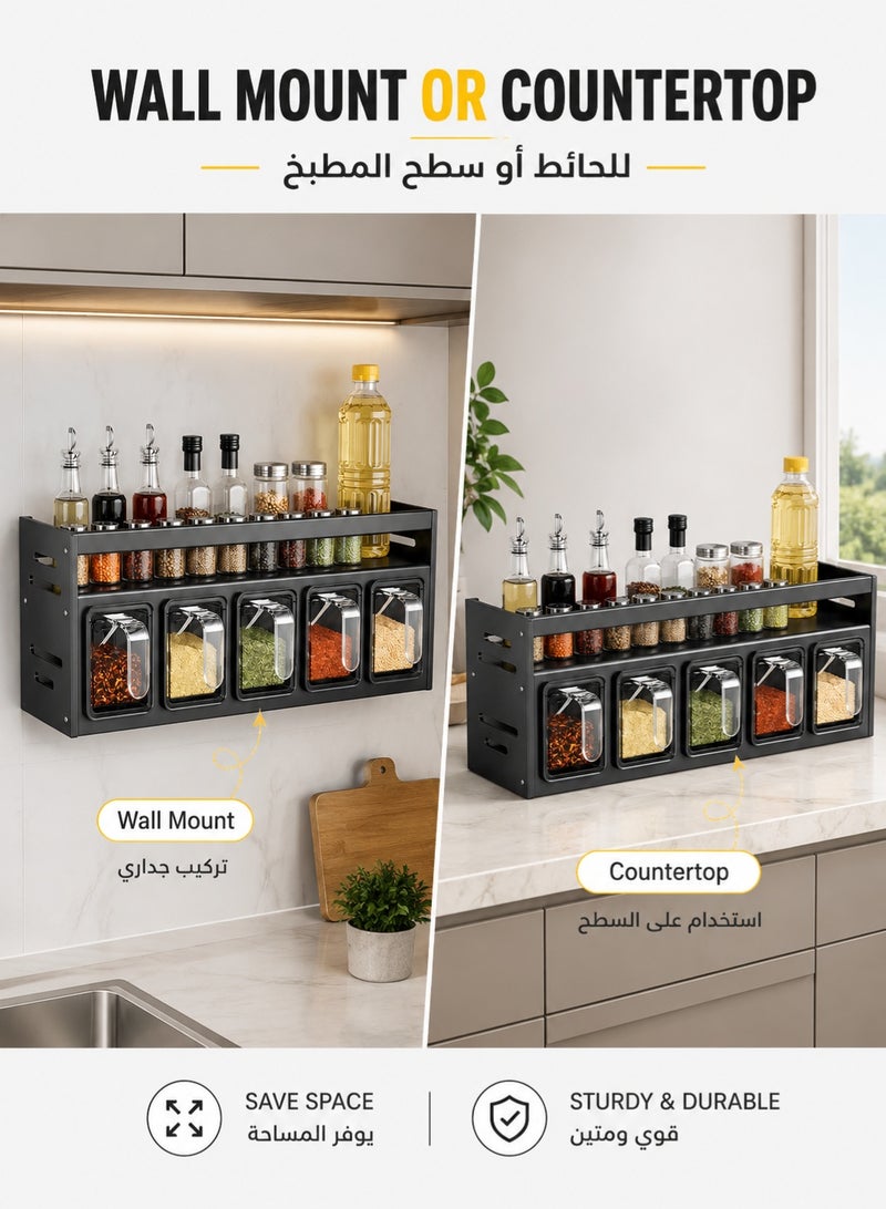 Joybos 2-Tier Aluminum Alloy Spice Rack with 5 Pull-Out Spice Boxes, Wall Mounted or Countertop Kitchen Organizer, No-Drill Seasoning Storage Shelf for Bottles, Jars, Herbs and Condiments, Dark Grey - Image 4