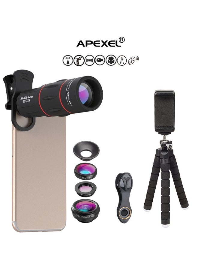 APEXEL مجموعة عدسة تليفوتو 18x (عدسة واسعة 0.63x وعدسة ماكرو 15x، عدسة عين السمكة 198°، حامل ثلاثي مرن أسود) - Image 3