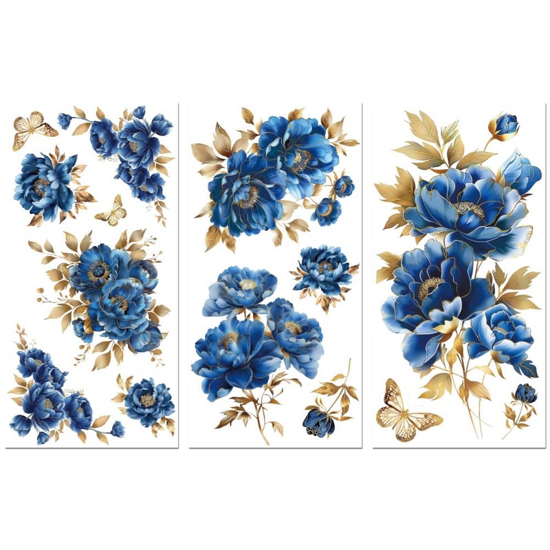 Peacoblue فرك على ملصق النقل لديكور الحرف الأثاث 6 ""x12"" زهور الفاوانيا الأزرق والذهبي 3 قطع نقل DTF للأشعة فوق البنفسجية المقاومة للماء للملابس الداخلية الصناديق درج خزانة الملابس الزجاج الخزف الخشب البلاستيك - Image 1