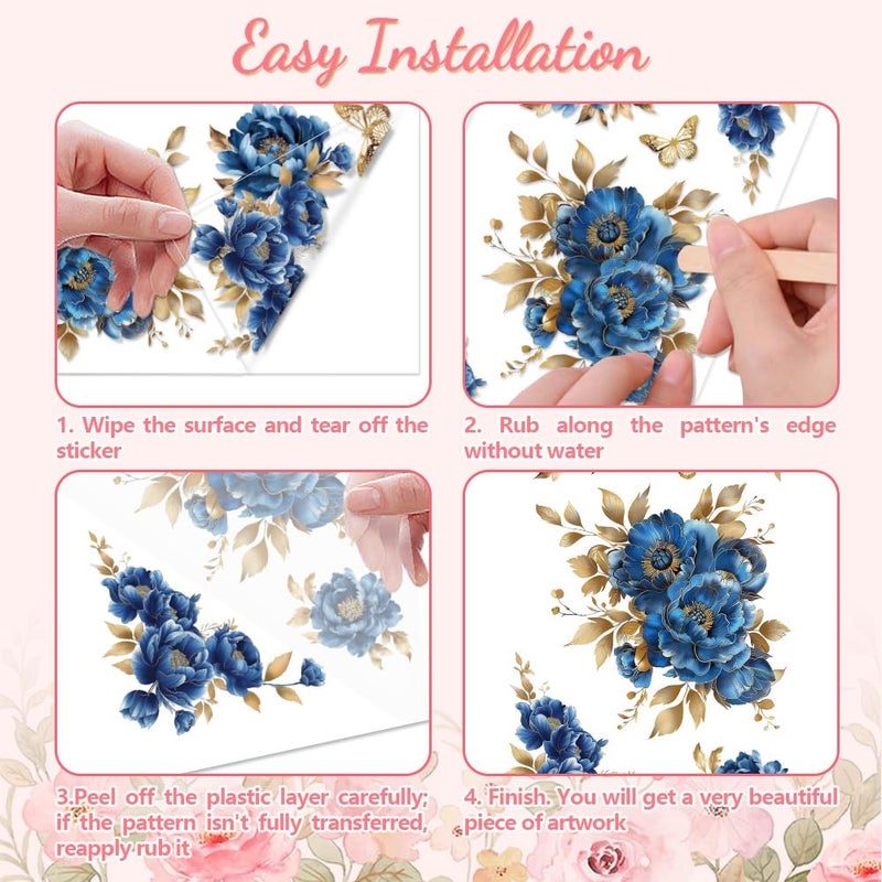 Peacoblue فرك على ملصق النقل لديكور الحرف الأثاث 6 ""x12"" زهور الفاوانيا الأزرق والذهبي 3 قطع نقل DTF للأشعة فوق البنفسجية المقاومة للماء للملابس الداخلية الصناديق درج خزانة الملابس الزجاج الخزف الخشب البلاستيك - Image 2