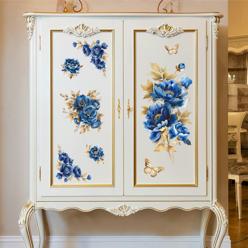 Peacoblue فرك على ملصق النقل لديكور الحرف الأثاث 6 ""x12"" زهور الفاوانيا الأزرق والذهبي 3 قطع نقل DTF للأشعة فوق البنفسجية المقاومة للماء للملابس الداخلية الصناديق درج خزانة الملابس الزجاج الخزف الخشب البلاستيك - Image 5