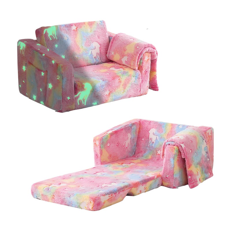 Kisdsa Toddler Couch Fold Out Foldable Toddler Chair with Blanket Kids Couch for Girls Boys Flip Out Kids Sofa Convertible Sofa to Lounger for Children Age 13 Glow Pink