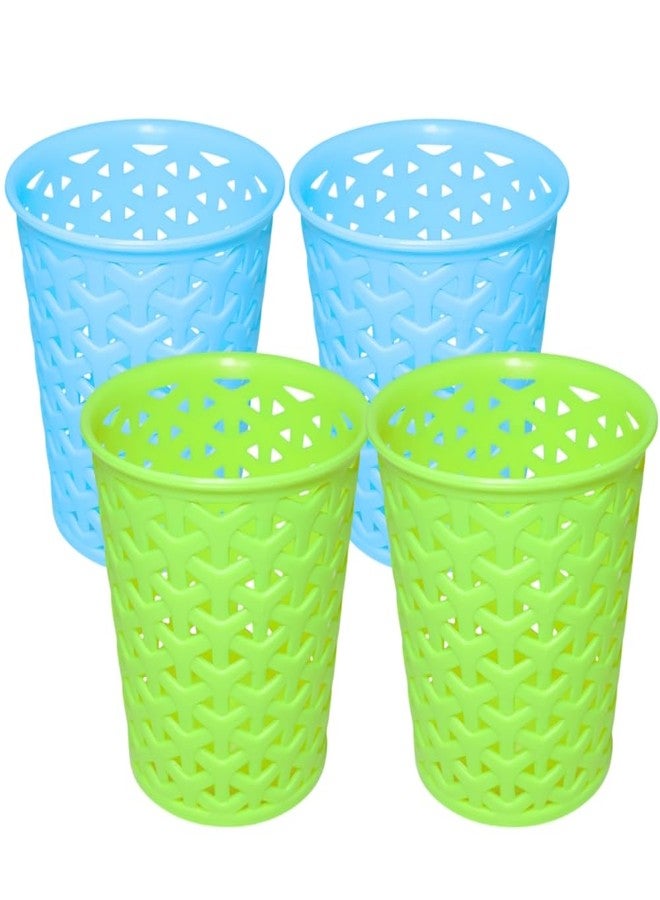 MORVI Linea Small Round Plastic Multipurpose Organizer For Kitchen, Bathroom, Salon, Office|Stationery,Cutlery,Pen,Makeup Brushes Holder|Hanging Toothbrush Stand |Pack Of 4 | BLUE GREEN - Image 1