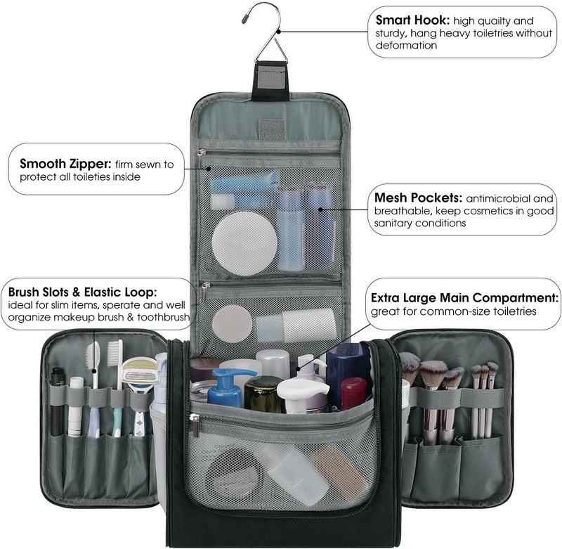 WANDF Large Hanging Toiletry Bag Travel Cosmetic Makeup Organizer Water-Resistant Shower Bathroom Bag for Women and Men (Black) - Image 4
