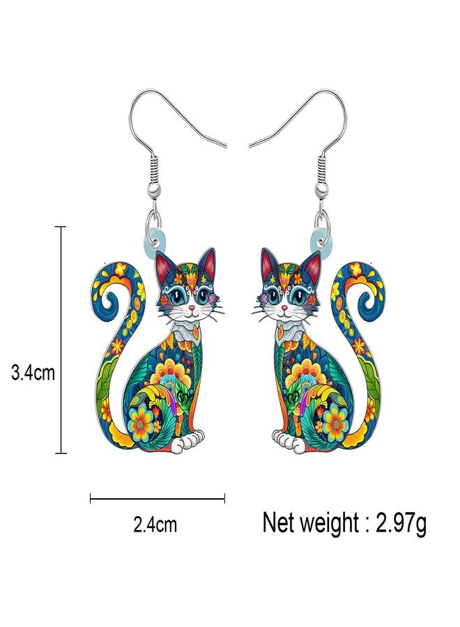 BONSNY Colorful Acrylic Dangle Cat Earrings Floral Folk Art Design Jewelry for Women Kitten Lovers Gifts Novelty Fun Hypoallergenic Charms (Multi) - Image 5
