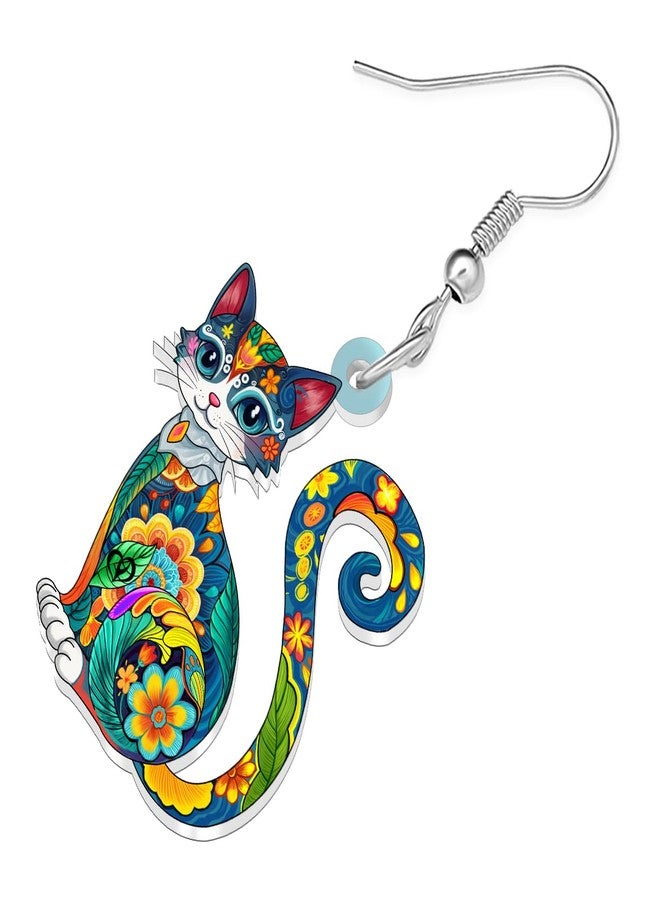 BONSNY Colorful Acrylic Dangle Cat Earrings Floral Folk Art Design Jewelry for Women Kitten Lovers Gifts Novelty Fun Hypoallergenic Charms (Multi) - Image 4