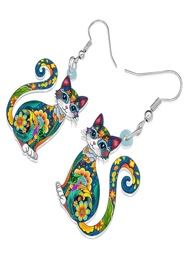 BONSNY Colorful Acrylic Dangle Cat Earrings Floral Folk Art Design Jewelry for Women Kitten Lovers Gifts Novelty Fun Hypoallergenic Charms (Multi) - Image 3