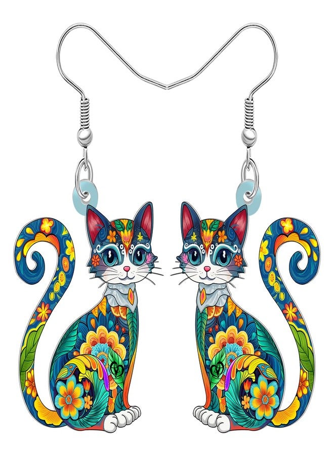 BONSNY Colorful Acrylic Dangle Cat Earrings Floral Folk Art Design Jewelry for Women Kitten Lovers Gifts Novelty Fun Hypoallergenic Charms (Multi) - Image 1