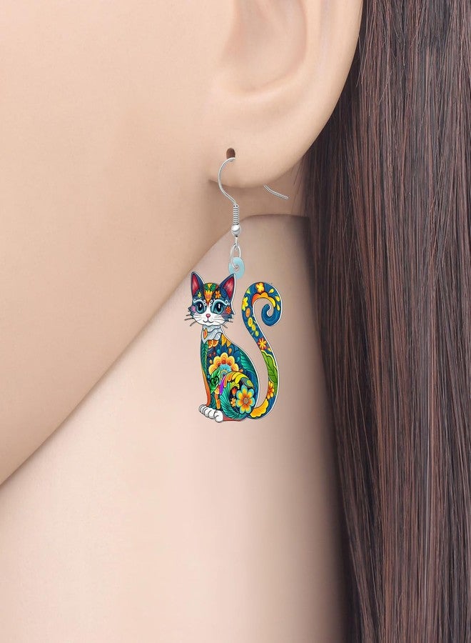 BONSNY Colorful Acrylic Dangle Cat Earrings Floral Folk Art Design Jewelry for Women Kitten Lovers Gifts Novelty Fun Hypoallergenic Charms (Multi) - Image 2