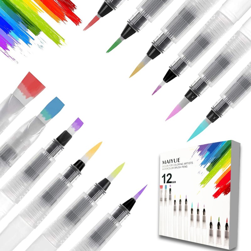 MAIYUE 12 PCS Watercolour Brush Pens Refillable Ink and Water Brush Pens for Paints Artists Painting Calligraphy
