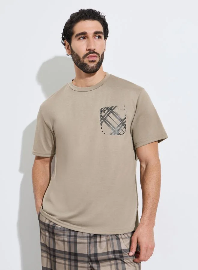Styli Men Brown Contrast Pocket T-Shirt And Checked Pyjama Set