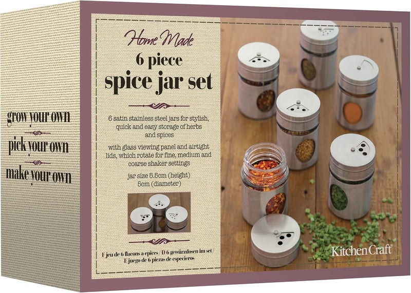 KitchenCraft KCSPJARSET Home Made Herb and Spice Jars with Recipe in Gift Box, Stainless Steel, Set of 6, Silver - Image 2