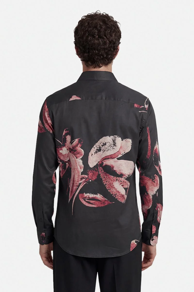 سنيتش Black Floral Long Sleeve Slim Fit Casual Shirt
