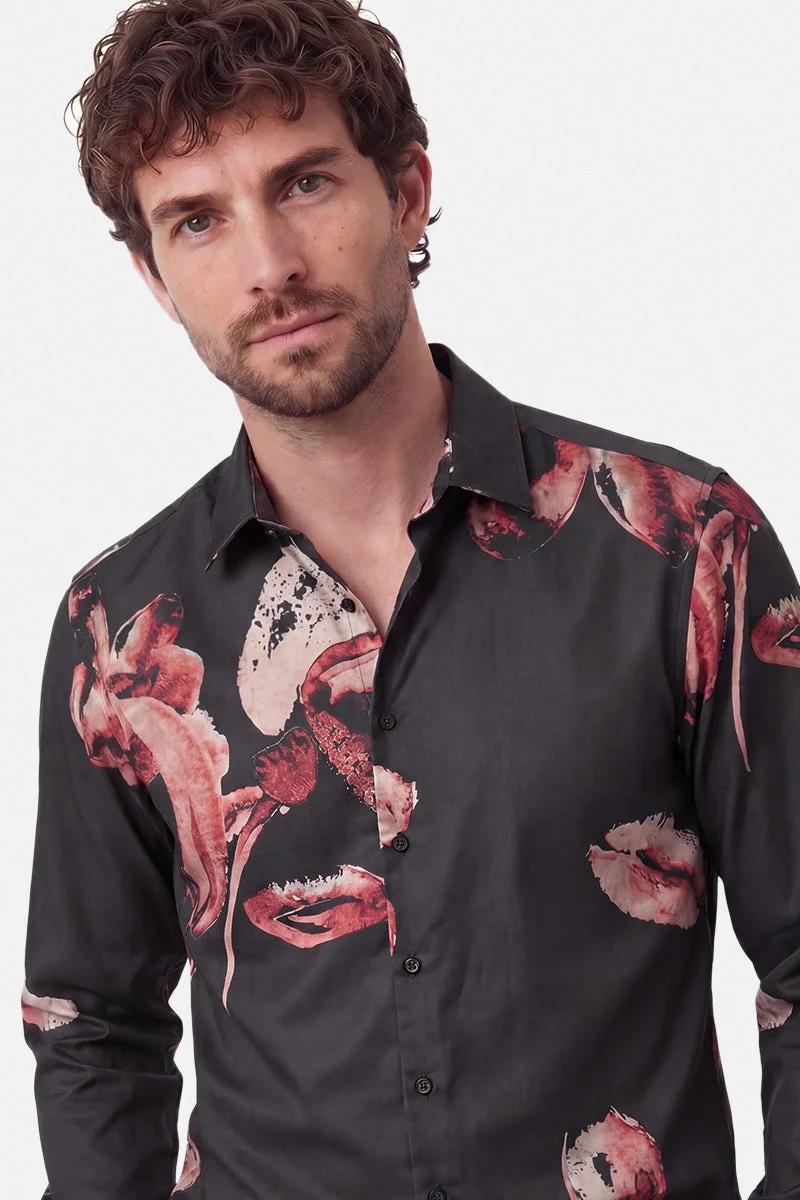 سنيتش Black Floral Long Sleeve Slim Fit Casual Shirt