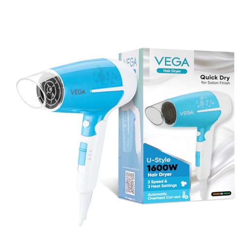 Vega U Style 1400-1600W Foldable Hair Dryer for Women & Men with Cool Shot Button, 2 Speed/3 Heat Settings, Detachable Nozzle, Travel Friendly, Fast Hair Drying, (VHDH-32) - Image 1