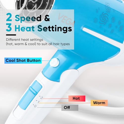 Vega U Style 1400-1600W Foldable Hair Dryer for Women & Men with Cool Shot Button, 2 Speed/3 Heat Settings, Detachable Nozzle, Travel Friendly, Fast Hair Drying, (VHDH-32) - Image 4