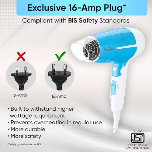 Vega U Style 1400-1600W Foldable Hair Dryer for Women & Men with Cool Shot Button, 2 Speed/3 Heat Settings, Detachable Nozzle, Travel Friendly, Fast Hair Drying, (VHDH-32) - Image 5