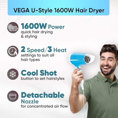 Vega U Style 1400-1600W Foldable Hair Dryer for Women & Men with Cool Shot Button, 2 Speed/3 Heat Settings, Detachable Nozzle, Travel Friendly, Fast Hair Drying, (VHDH-32) - Image 2