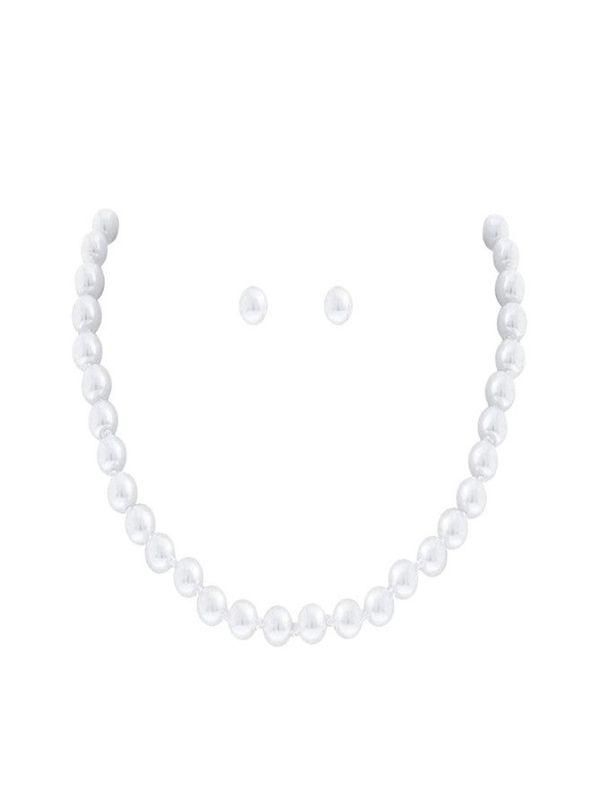 NTLX Pearl Necklace - Pearl Earrings - 8mm Basic Knotted Round Simulated Pearl Set - 16”+3” Extender - 8mm Pearl Stud Earrings - Bridal, Wedding, Party, Evening, Costume, Casual, Everyday Wear - Image 2