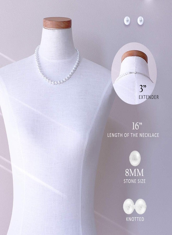 NTLX Pearl Necklace - Pearl Earrings - 8mm Basic Knotted Round Simulated Pearl Set - 16”+3” Extender - 8mm Pearl Stud Earrings - Bridal, Wedding, Party, Evening, Costume, Casual, Everyday Wear - Image 3