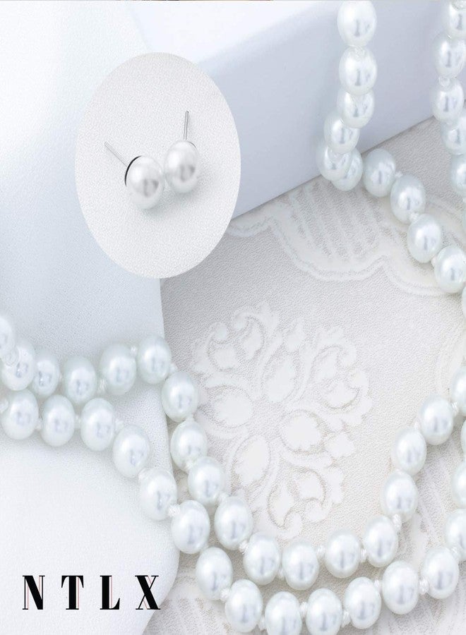 NTLX Pearl Necklace - Pearl Earrings - 8mm Basic Knotted Round Simulated Pearl Set - 16”+3” Extender - 8mm Pearl Stud Earrings - Bridal, Wedding, Party, Evening, Costume, Casual, Everyday Wear - Image 5