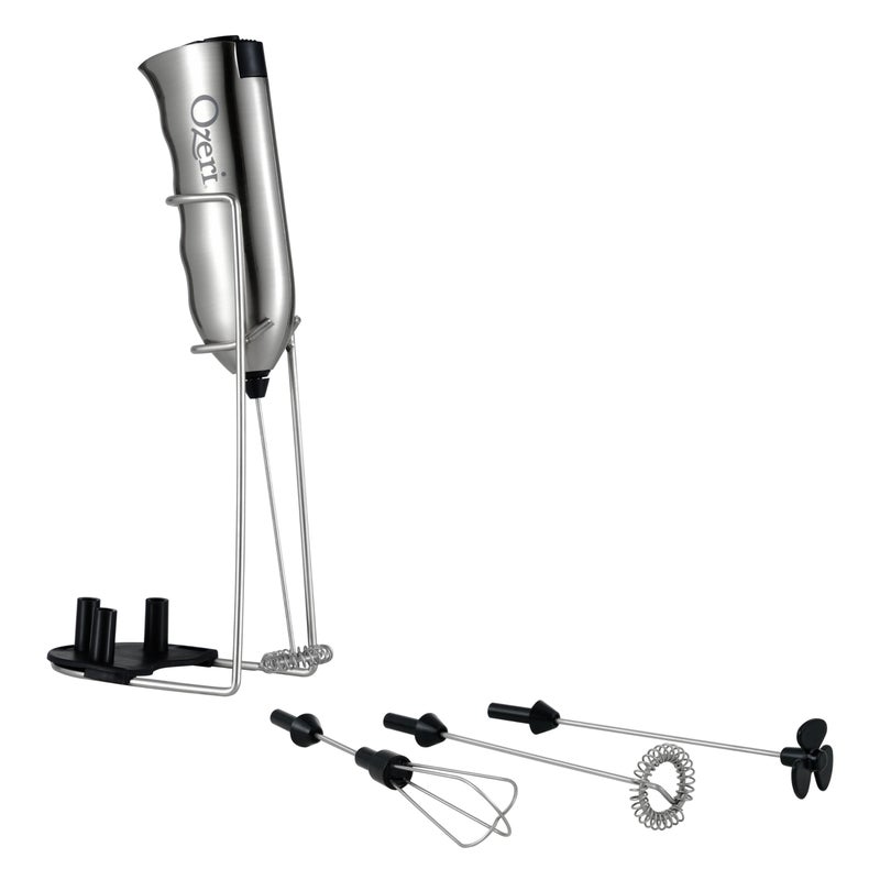 Ozeri Deluxe Milk Frother Whisk in Stainless Steel with Stand and 4 Frothing Attachments