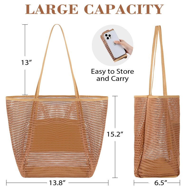 Tavaleu Mesh Beach Bag, Large Beach Bags for Women - Woven Straw Tote Bag Waterproof with Inner Pocket, Foldable Waterproof Pool Bag for Swimming Gym Grocery Travel - Image 3