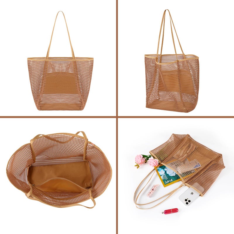 Tavaleu Mesh Beach Bag, Large Beach Bags for Women - Woven Straw Tote Bag Waterproof with Inner Pocket, Foldable Waterproof Pool Bag for Swimming Gym Grocery Travel - Image 5