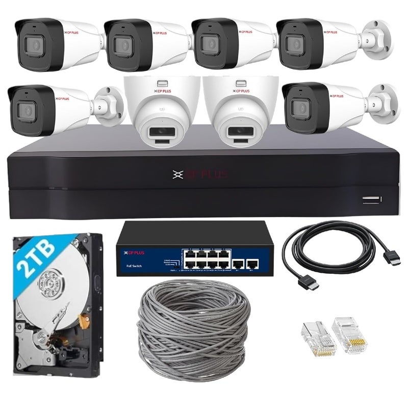 CP PLUS 8 Channel Full HD NVR with 6X Outdoor and 2X Indoor 2 MP Builtin Audio Mic Wired IP CCTV Cameras Motion Detection 8 Port PoE 2TB HDD 100 Meter CAT6 Cable RJ45 Connector White - Image 1
