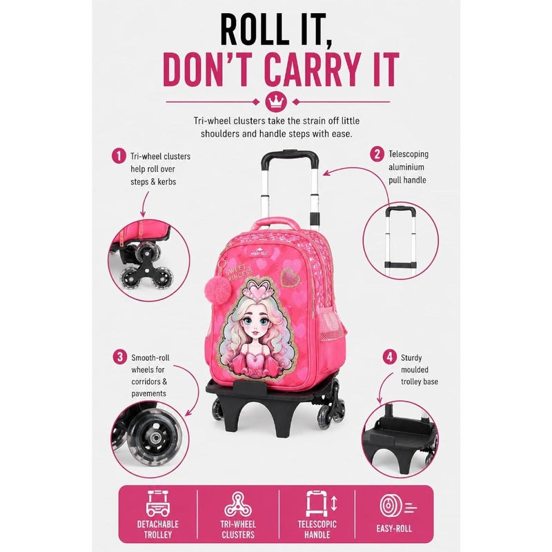 Rolling School Backpack with 3 Wheel Trolley, Detachable School Bag, School Bag for Girls and,Wheeled Bookbag with Pencil Case, Large Capacity - Image 2
